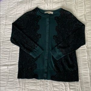 LOFT Emerald Lace Print Button Up Cardigan